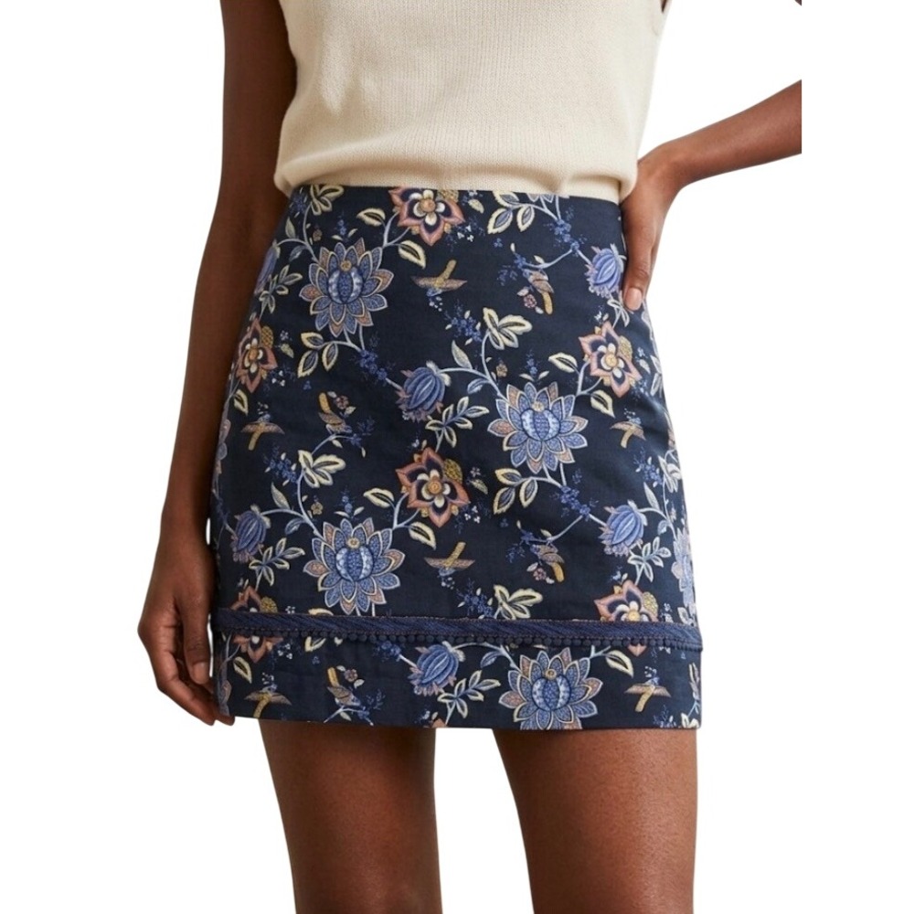LOFT Navy Blue Floral Bird Mini Skirt Pom Pom Trim Size 6 Zip Closure
